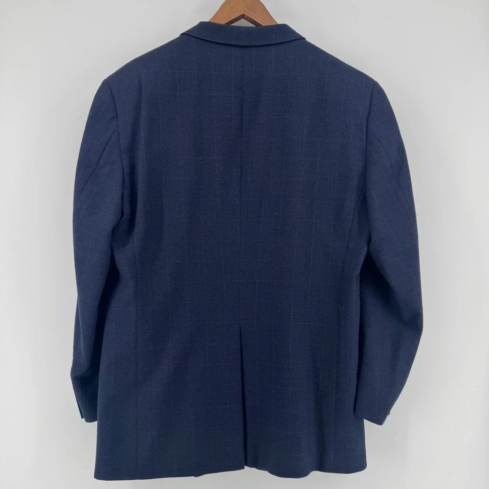 Hickey Freeman Boardroom Collection‎ Wool Cashmere Windowpane Blazer 42 Reg Navy
